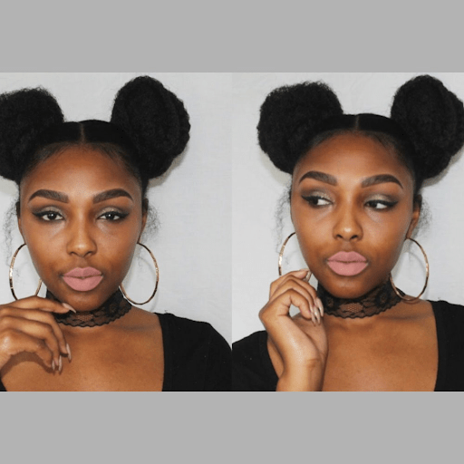 Curly double space-bun hairstyle